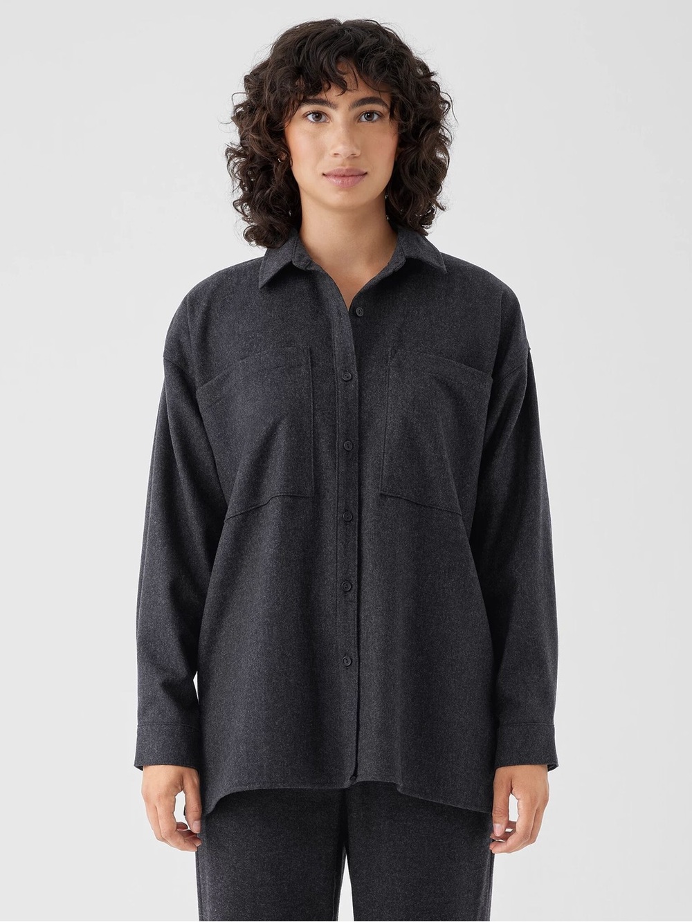Eileen Fisher Dark Gray Relaxed Button-Front Shirt 100% Wool